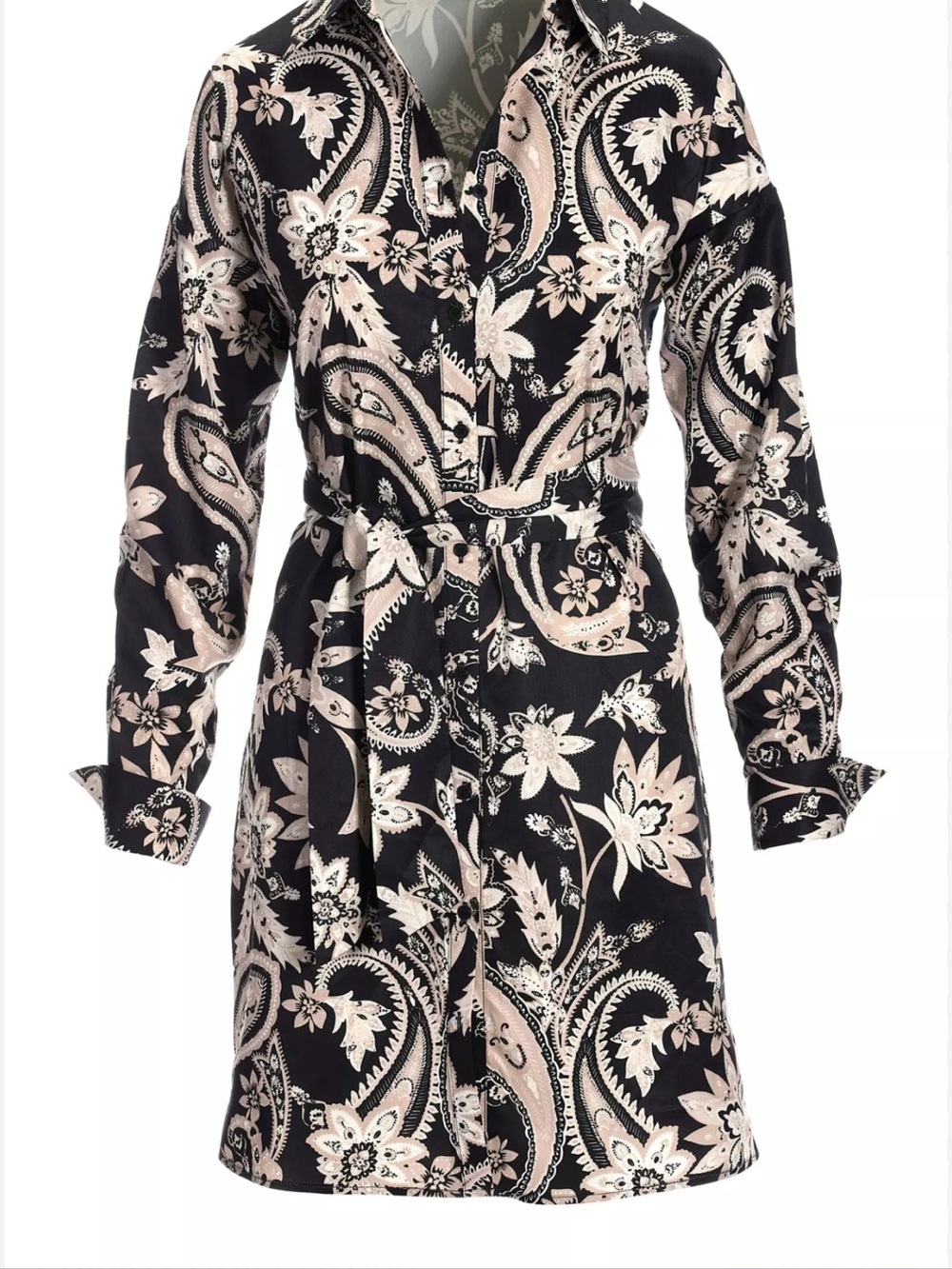 Boston Proper Black & Blush Paisley Shirt Dress with Waist Tie medium